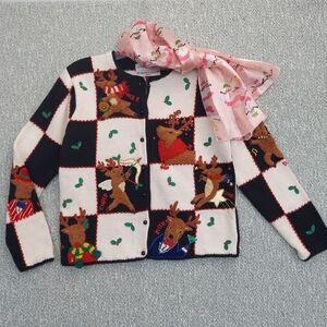 Y2K XMAS Reindeer Patchwork Cardigan By Marisa Christina, Sz S